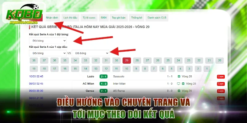 Điều hướng vào chuyên trang và tới mục theo dõi kết quả